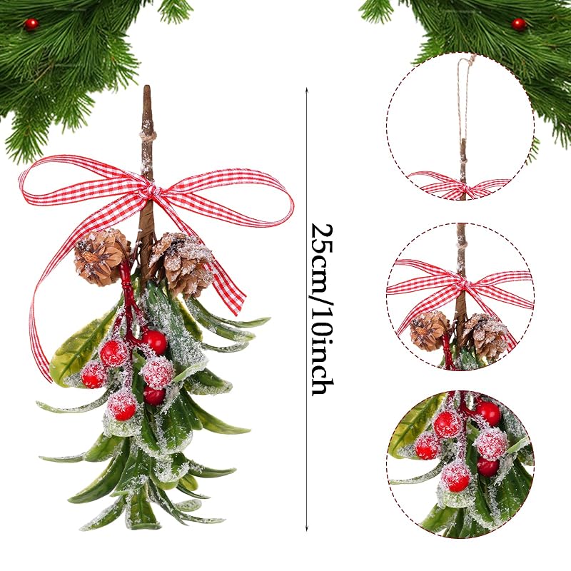 Mistletoe Christmas Decor Hanging with Plaid Bow, 2 Pcs, Red Berries – 10in Aesthetic Kissing Ball (Variation: Green+2)