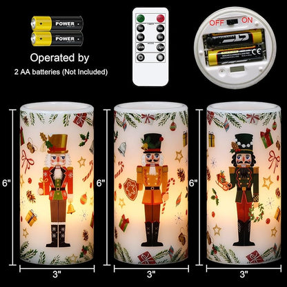 Christmas Nutcracker Flameless Pillar Candles with Remote Timer - 3 Pack