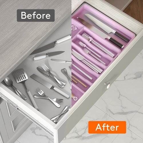 Lifewit Expandable Silverware Drawer Organizer - BPA-Free Utensil Tray for Kitchen | Adjustable 13-22 x 15" - Purple