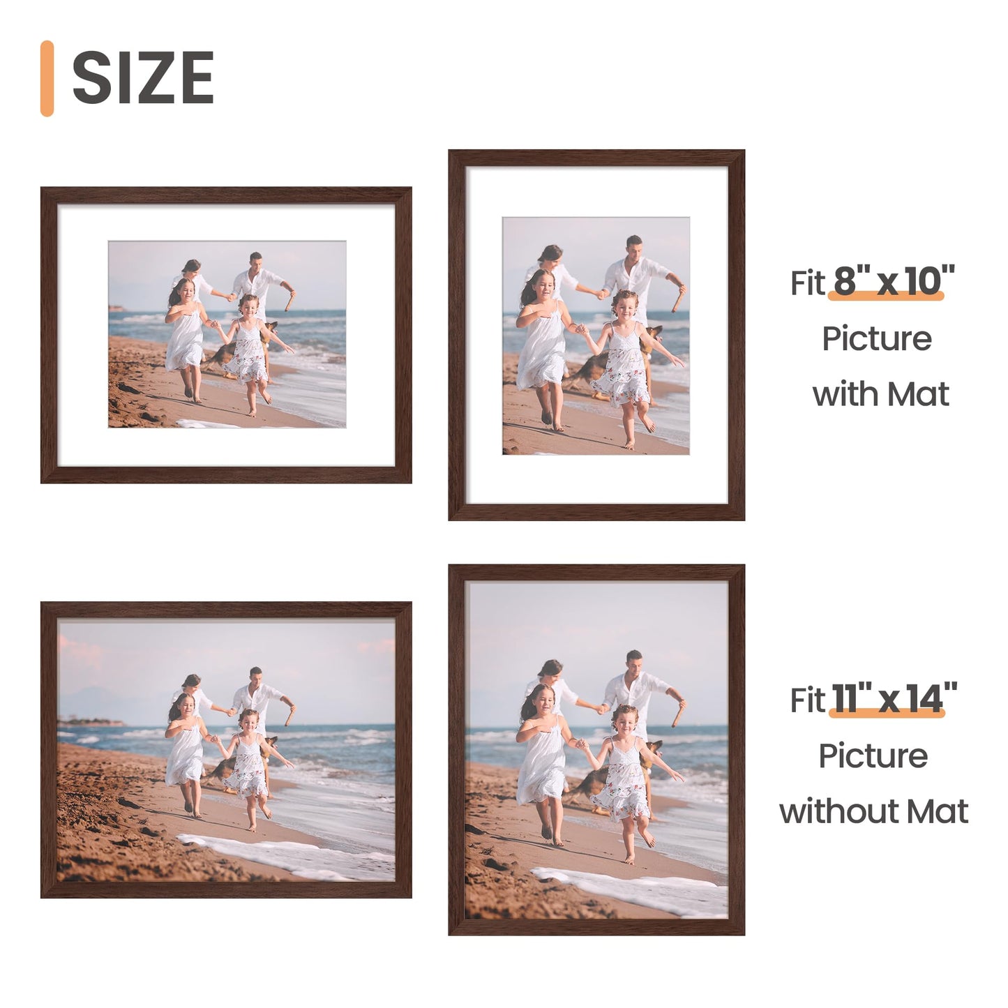 upsimples 11x14 Picture Frame, Display Pictures 8x10 with Mat or 11 x 14 Without, Wall Hanging Photo Frames, Brown, 1 Pack