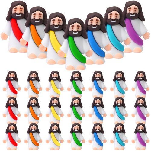 Bememo 25 Pcs Little Jesus Figures Original Design Mini Rubber Jesus Figurine to Hide and Seek Religious Party Favors Sunday Baptism Gifts(Rainbow Colors)