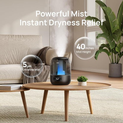 DREO Ultrasonic Humidifier - 3L Top Fill, 30H Quiet Runtime, Humidity Sensor & Night Light - Black