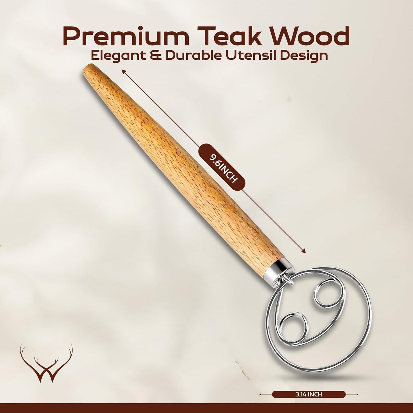 Woodlands USA Danish Dough Whisk - 13 Inch 304 Stainless Steel Hook & Long Wooden Handle for Artisan Bread Making