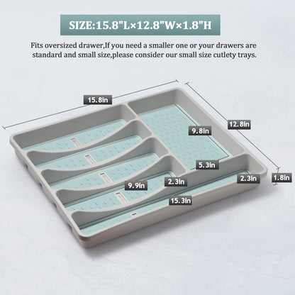 CherHome Silverware Organizer with Cutlery Icons,Silverware Tray for Kitchen Drawer,Plastic Flatware Tableware Silverware Drawer Organizer Utensil Organizer with Non-slip TPR Linings，6-Compartment