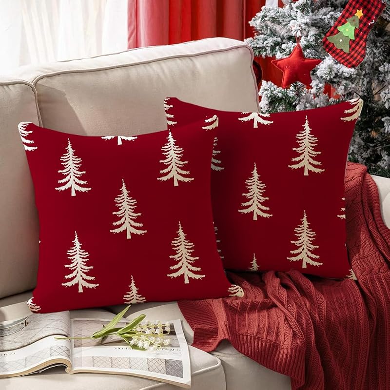 Christmas Pillow Covers 20x20, Red, Pack of 2 - 100% Polyester, Front Pattern