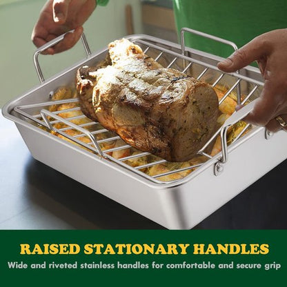 E-far Roasting Pan - 16 x 11.5 Inch Stainless Steel Turkey Roaster with V-Shaped Rack | Heavy-Duty & Dishwasher Safe