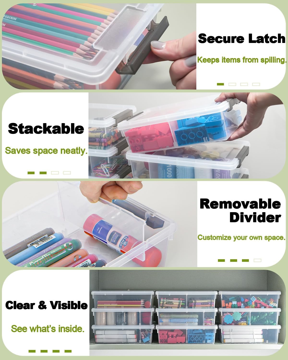 Skiennix Extra Large Pencil Box - Clear Stackable Organizer with Removable Divider | 12 Pack, Grey