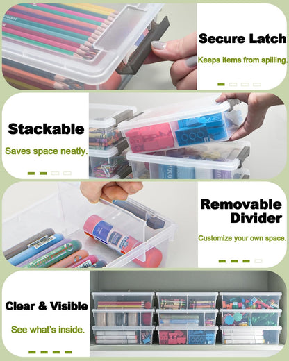 Skiennix Extra Large Pencil Box - Clear Stackable Organizer with Removable Divider | 12 Pack, Grey