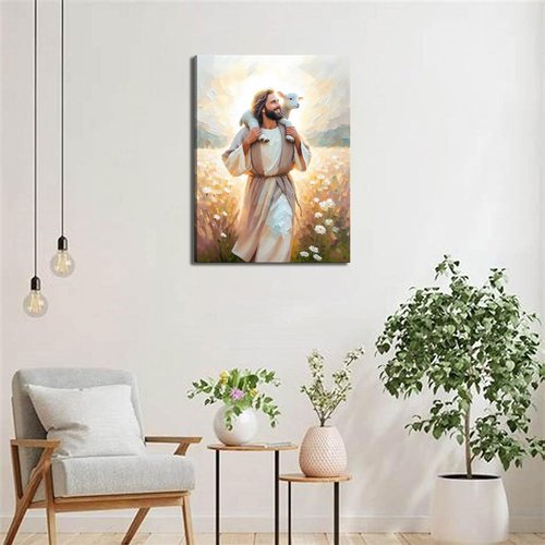 GKQNMU Jesus Carrying The Lamb Canvas Wall Art - Christ The Good Shepherd Decor | Ready To Hang