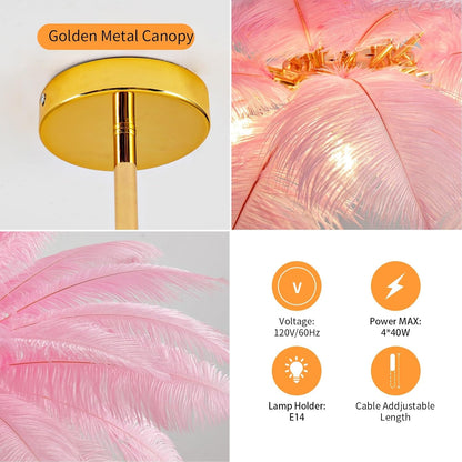 NZV Pink Feather Chandelier - Romantic Pendant Light for Girls' Room | 23.6in Ostrich Feathers, E14 Base