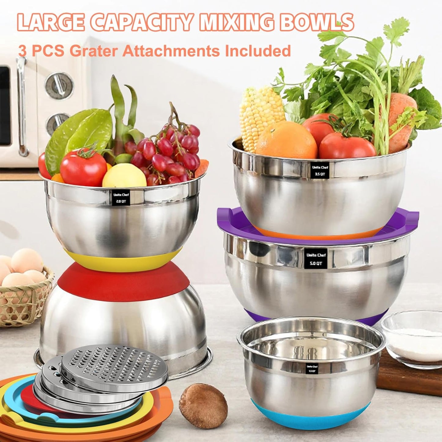 Umite Chef Mixing Bowls Set - 8PCS Stainless Steel with Airtight Lids & Non-Slip Bottoms | 5QT to 1.5QT