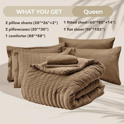 HYMOKEGE Queen Comforter Set - 7-Piece Seersucker Luxury Bedding Set for All Seasons | Brown