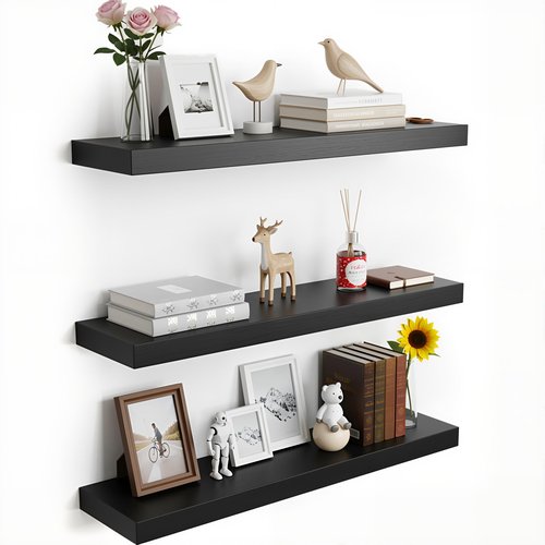 Breathfly Floating Shelves for Wall, 23.6 inch Long Set of 3 Wood Rustic Wall Mounted Shelves, Display Shelf with Invisible Heavy, Large Deep Shelves for Home Decor & Storage for Living Room, Kitchen