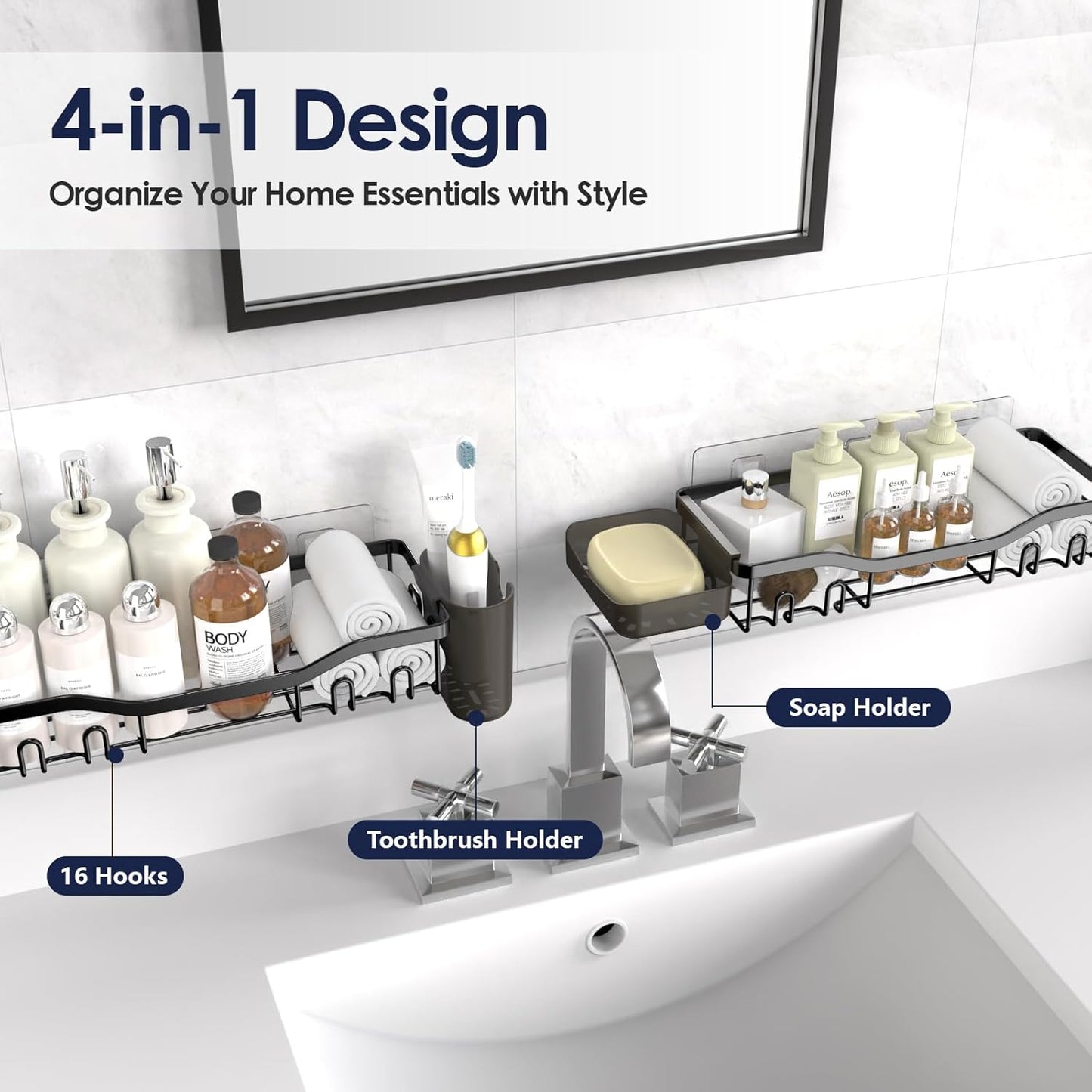 NESOMI Shower Organizer - Adhesive 2-Pack Caddy with Strong Hooks | No Drilling Bathroom Storage Shelves