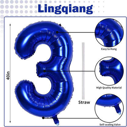 Skiennix Navy Blue Number 3 Balloon - 40In Self-Inflating Foil Balloon for 3rd Birthday Party Decorations