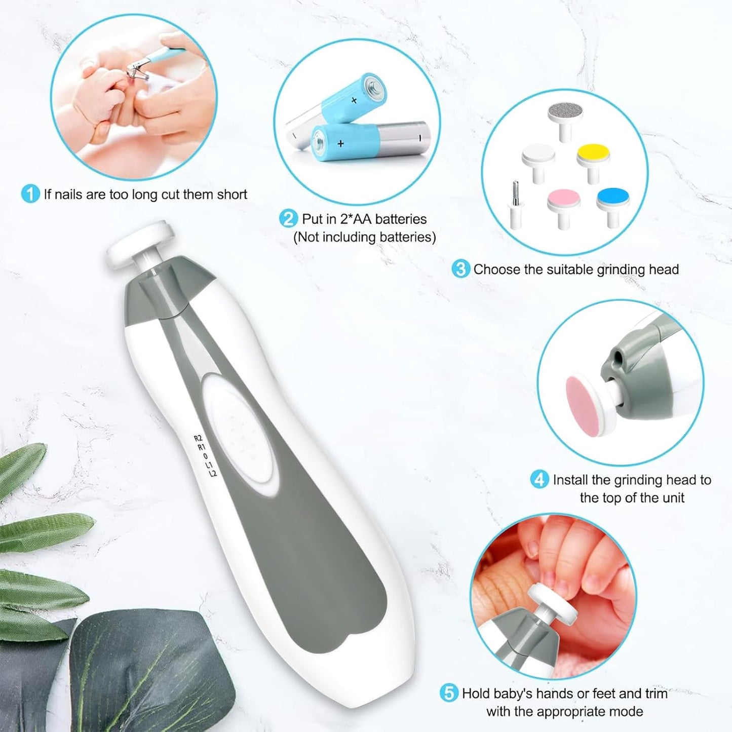 Skiennix Electric Baby Nail Trimmer - 6-in-1 Infant Grooming Kit with Clippers & File | Grey