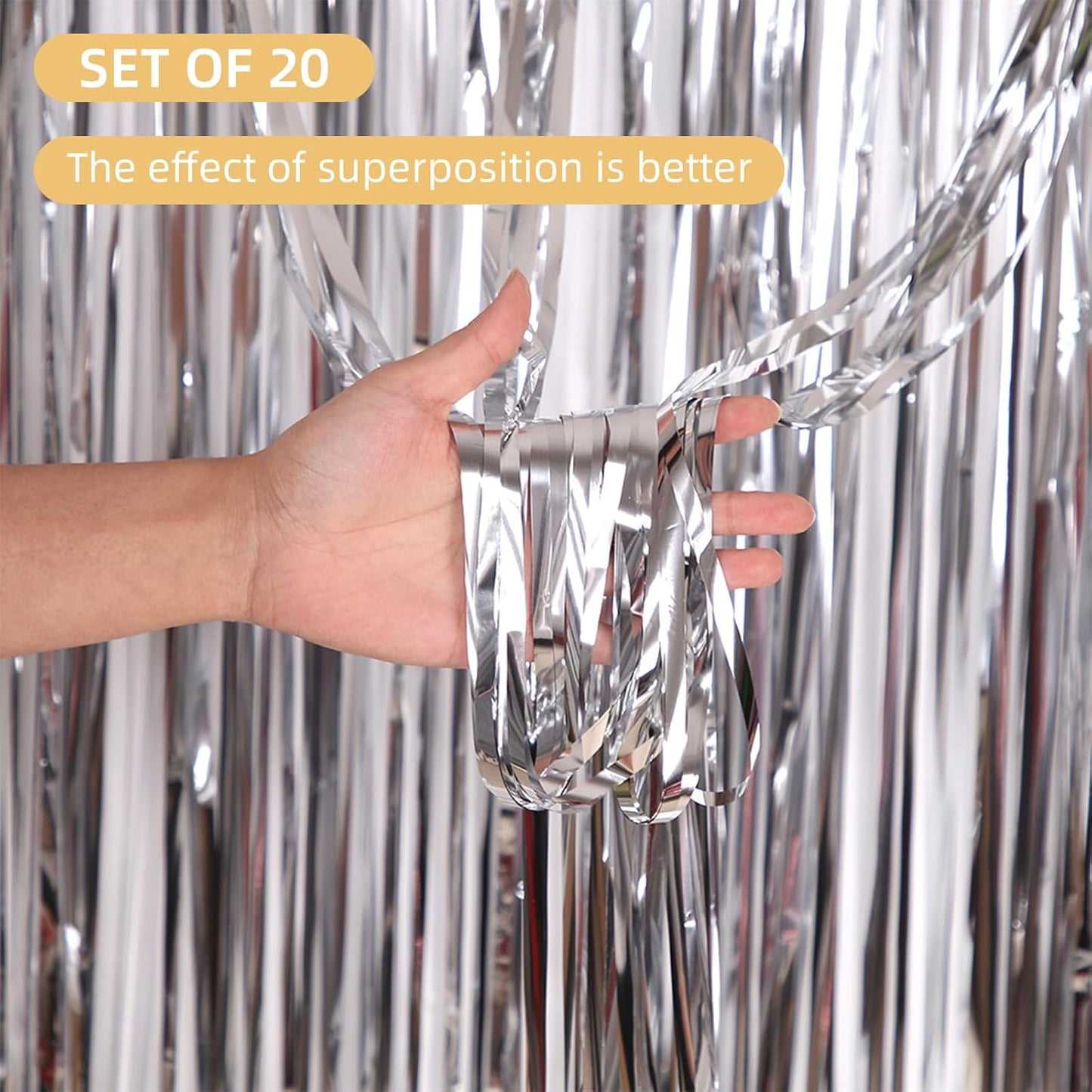 Skiennix Silver Foil Curtain Backdrop - 20 Pack Metallic Tinsel Fringe | 3.2ft x 8.2ft for Parties & Photo Booths