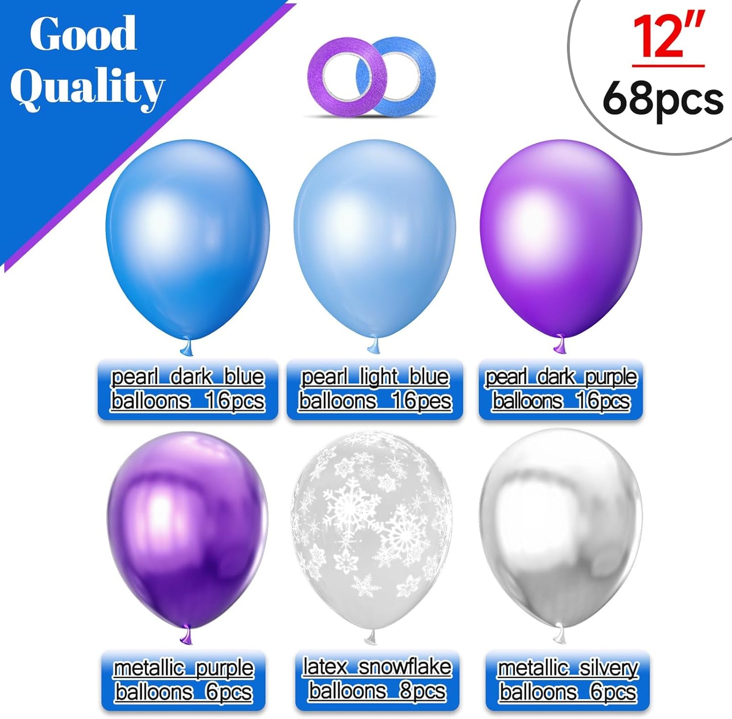 Skiennix 68Pcs Party Balloons Kit - 12 Inch Pearl Light Blue & Metallic Purple with Ribbons | Winter Theme Decor