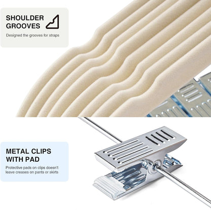 Skiennix 24-Pack Beige Velvet Hangers - Adjustable, Heavy-Duty, Non-Slip Design for Space Saving