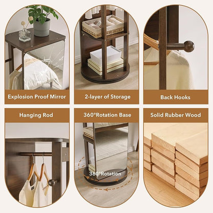 Full Length Mirror Coat Rack - 360° Rotating Standing Mirror with Storage (Variation: With Top)
