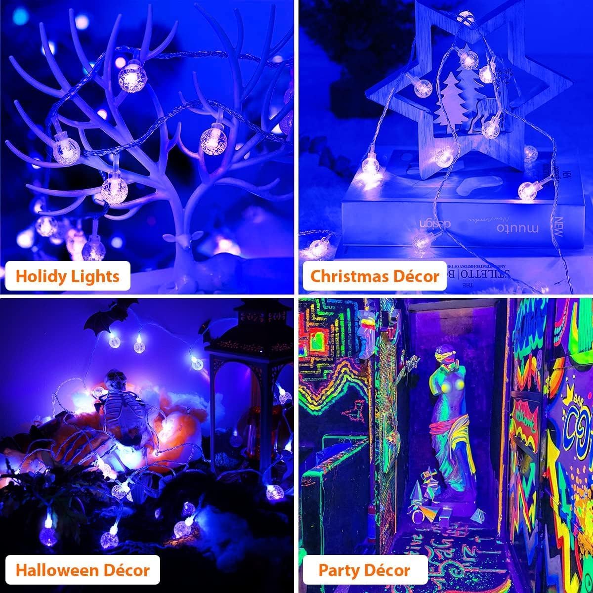 OMIKA Globe Fairy Lights - 15Ft 30LED Battery Operated UV Black String Lights | Waterproof Indoor/Outdoor Decor