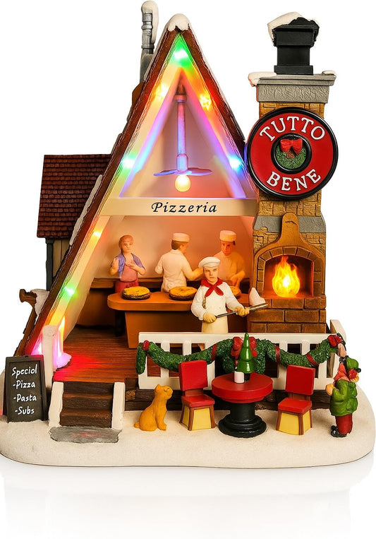 Moments In Time Pizza Shop Scene - Handcrafted LED Musical Pizzeria Holiday Decoration | Tabletop Display