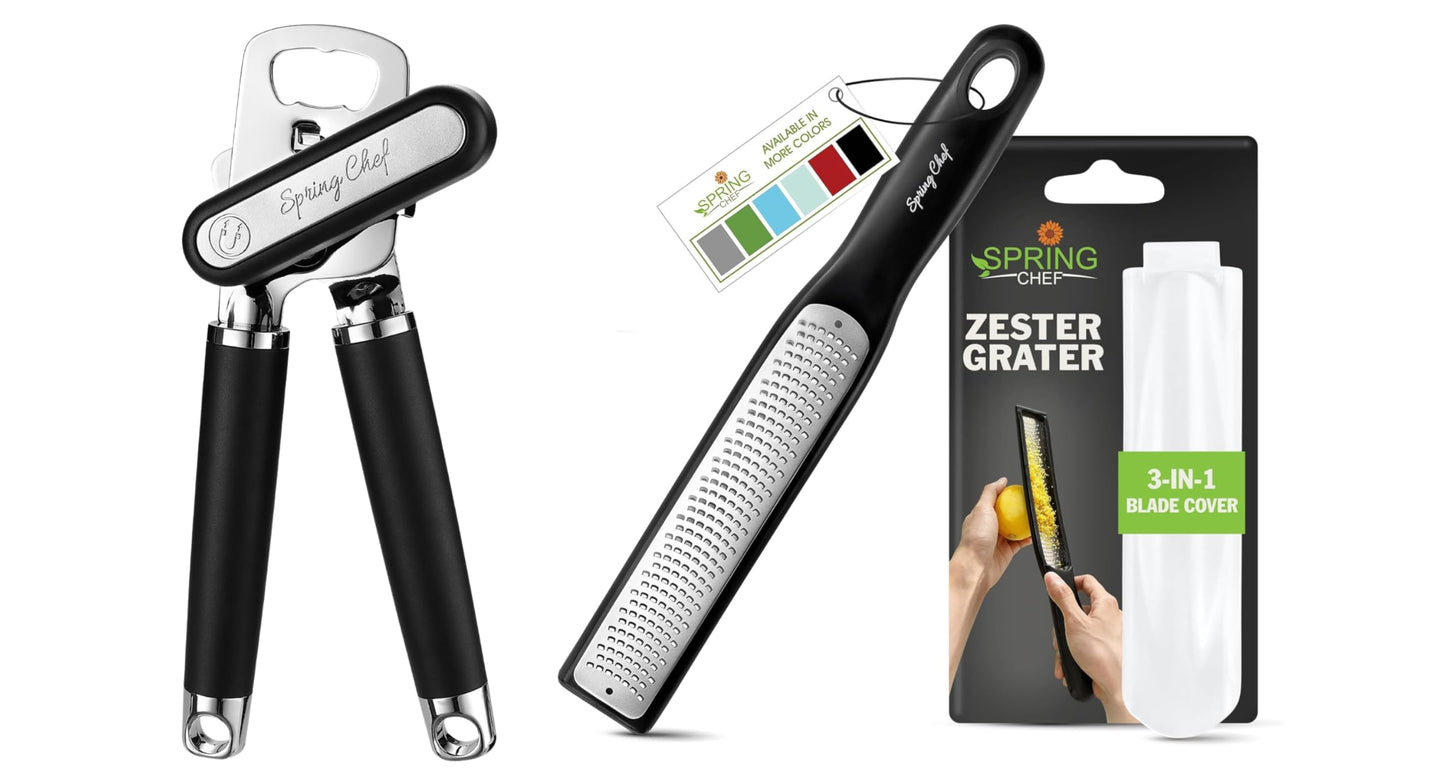 Spring Chef Heavy Duty Can Opener with Soft Grip Handles & Stainless Steel Lemon Zester, Fine Shred - 2 Product Bundle - Black