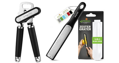 Spring Chef Heavy Duty Can Opener with Soft Grip Handles & Stainless Steel Lemon Zester, Fine Shred - 2 Product Bundle - Black