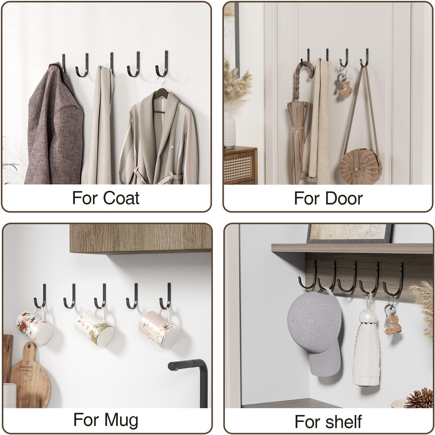 Skiennix Wall Hooks - 22LB Metal Hanger for Towel & Coat | 5 Pack, Black, Ideal for Outdoor & Indoor Use