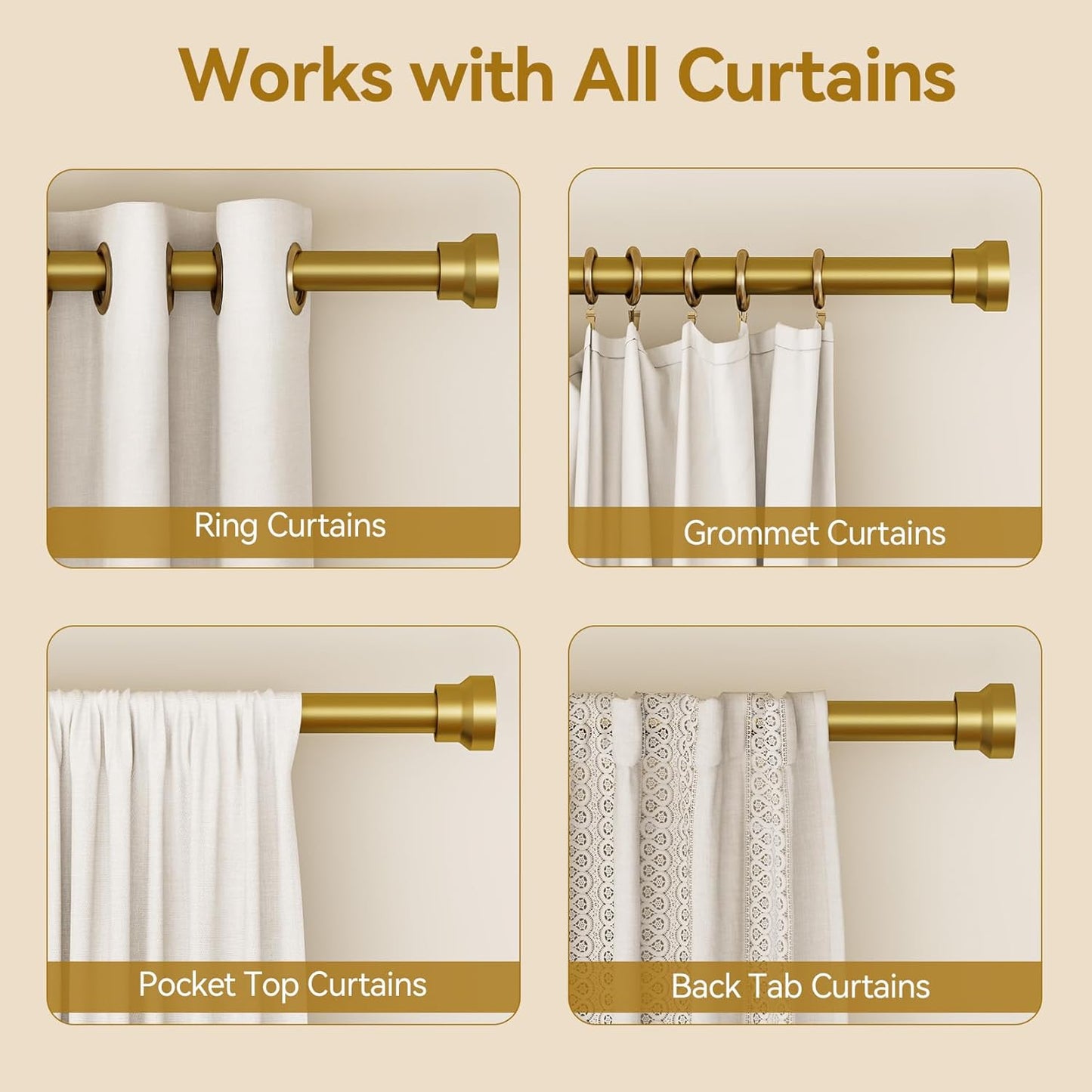 YaFex Curtain Rods - Heavy Duty 1 Inch Adjustable Window Treatment Rods | 32-118 Inch, Gold Finish