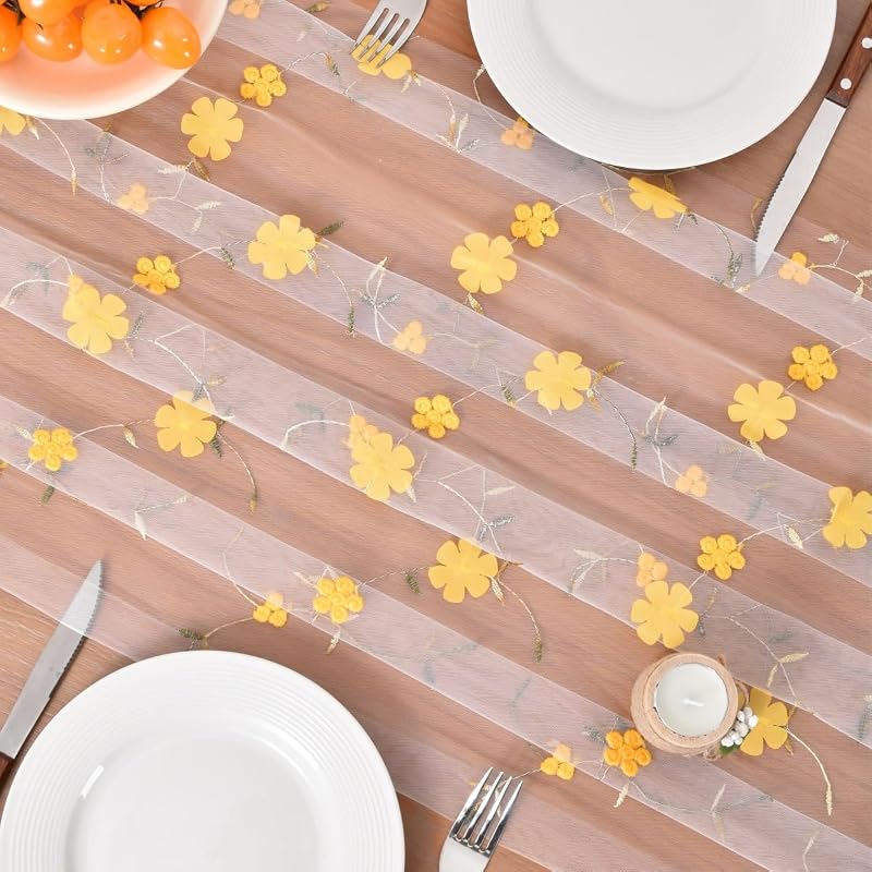 Yellow Floral Gauze Table Runner, 28x120 inches - Embroidered Boho Home Decor (Variation: Yellow+3)