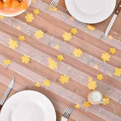 Yellow Floral Gauze Table Runner, 28x120 inches - Embroidered Boho Home Decor (Variation: Yellow+3)