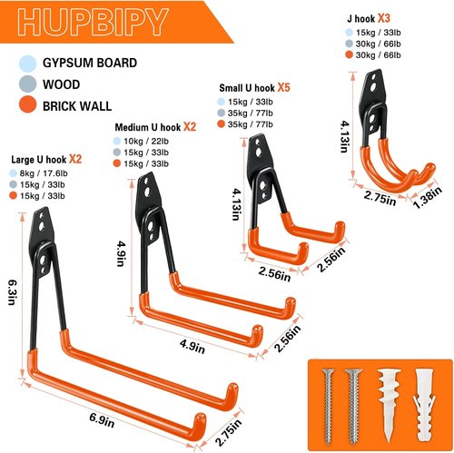 HUPBIPY Heavy Duty Garage Hooks - 12 Pack Wall Mount Storage Organizer for Tools, Ladders & Bikes