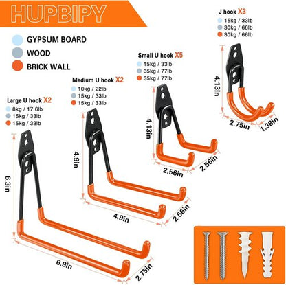 HUPBIPY Heavy Duty Garage Hooks - 12 Pack Wall Mount Storage Organizer for Tools, Ladders & Bikes