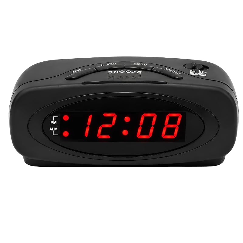 Digital Alarm Clock with Red LED Display – Snooze & Battery Backup, Bedside Desk Clock