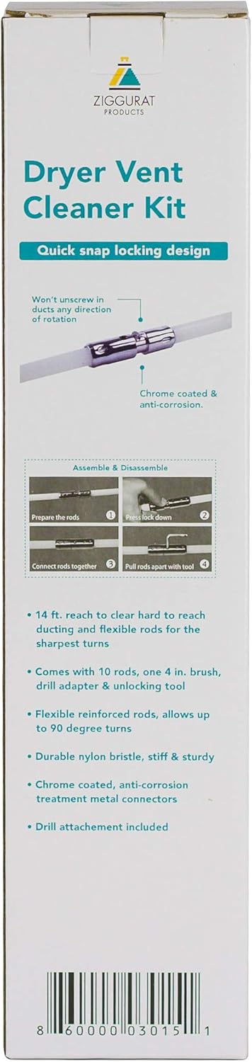 Ziggurat Products 14" Quick Snap Cleaning Kit - Drill Attachment for Dryer Hose & Vent Duct Cleaning