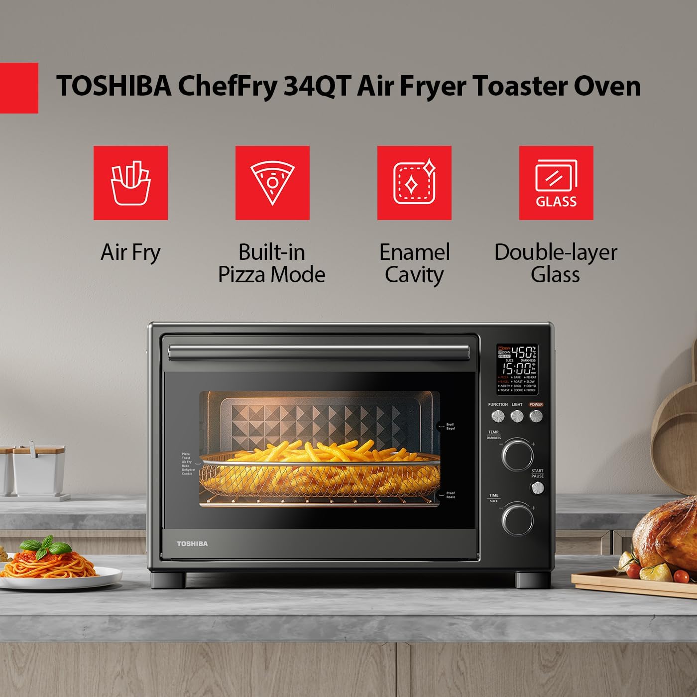 TOSHIBA ChefFry Air Fryer Toaster Oven - 12-in-1 Convection Oven with 34QT Capacity & Dual-Temp Tech