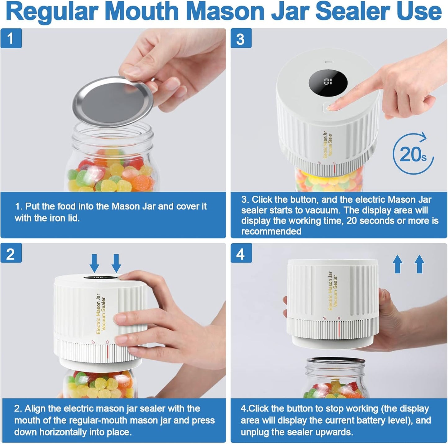 Skiennix Electric Mason Jar Vacuum Sealer Kit - Ideal for Wide & Regular Mouth Jars - White