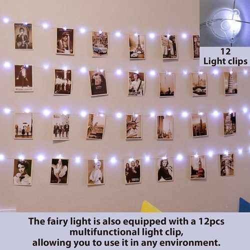 HXWEIYE 120LED White Photo Clips String Lights - 40Ft Fairy Light with 52 Clips & 12 Hooks | USB Powered, Timer & 8 Modes for Bedroom & Wedding Decor