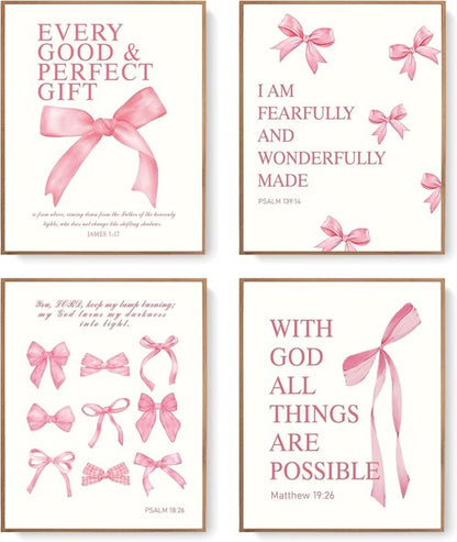 LARTSFRO Coquette Pink Bow Wall Art Decor - Inspirational Bible Verses | Set of 4 Unframed 12x16 Inch Prints for Teen Girls' Rooms