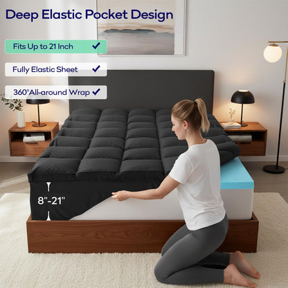 OLANLY Dual-Layer 4 Inch Queen Size Memory Foam Mattress Topper for Back Pain, 2 Inch Cooling Pillow Top Mattress Pad Cover and 2 Inch Gel Memory Foam Topper, Deep Elastic Pocket, Black