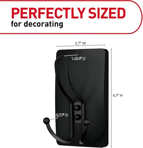 Command X-Large Matte Black Triple Hook - Damage-Free Wall Hook with Adhesive Strips for Easy Hanging