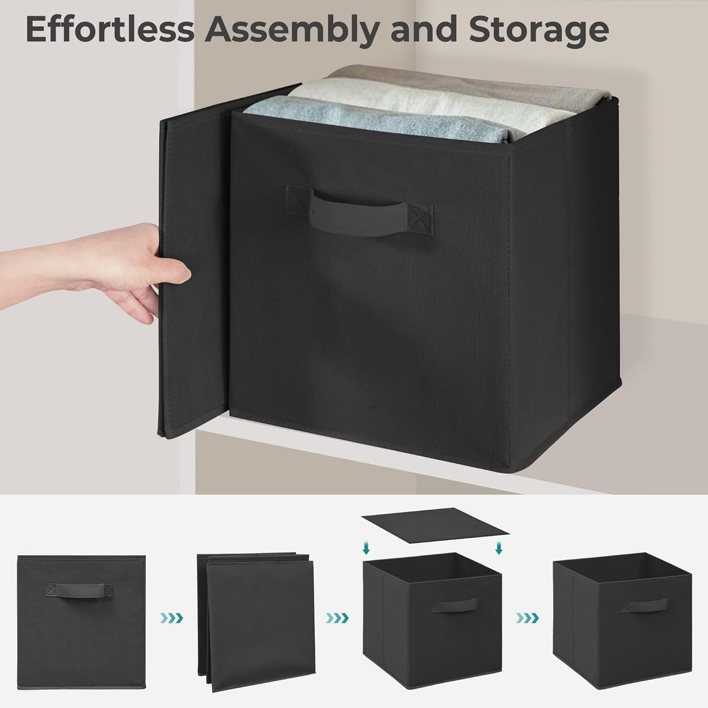 Skiennix 11 Inch Fabric Storage Cubes - Sturdy Foldable Bins for Clothes & Blankets | 8 Pack, Black