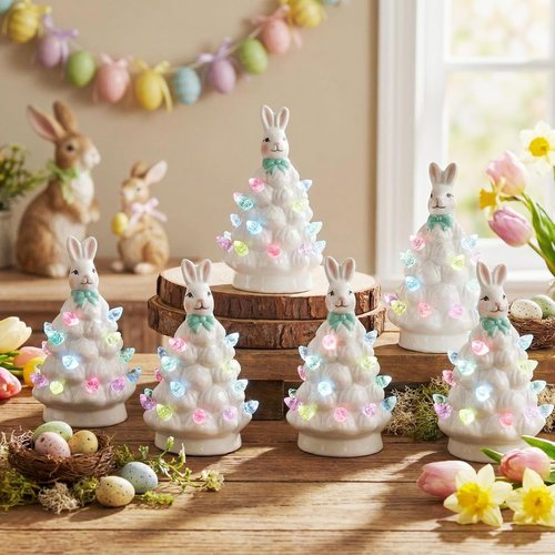 Leinuosen Mini 4-Inch Easter Bunny Ceramic Tabletop Tree - LED Lights & Hand-Painted Ornaments