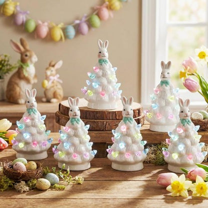 Leinuosen Mini 4-Inch Easter Bunny Ceramic Tabletop Tree - LED Lights & Hand-Painted Ornaments