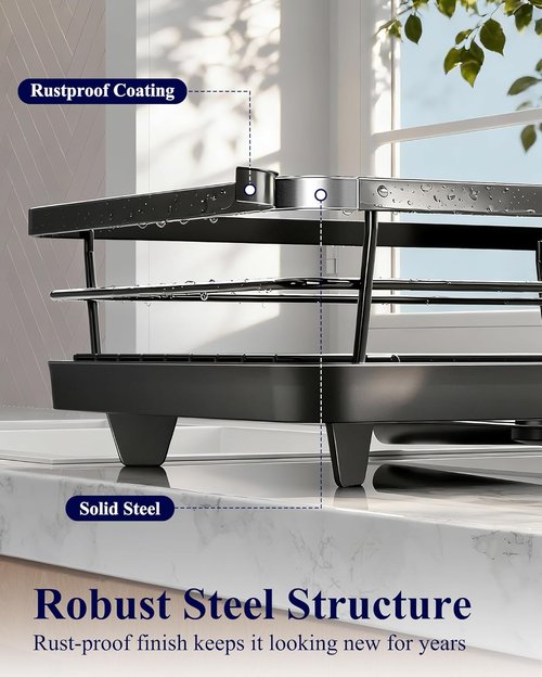 Kitsure Dish Drying Rack - Stainless Steel Kitchen Sink Organizer with Cutlery Holder | 12"W x 15.5"L, Black