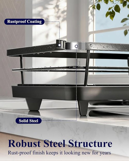 Kitsure Dish Drying Rack - Stainless Steel Kitchen Sink Organizer with Cutlery Holder | 12"W x 15.5"L, Black