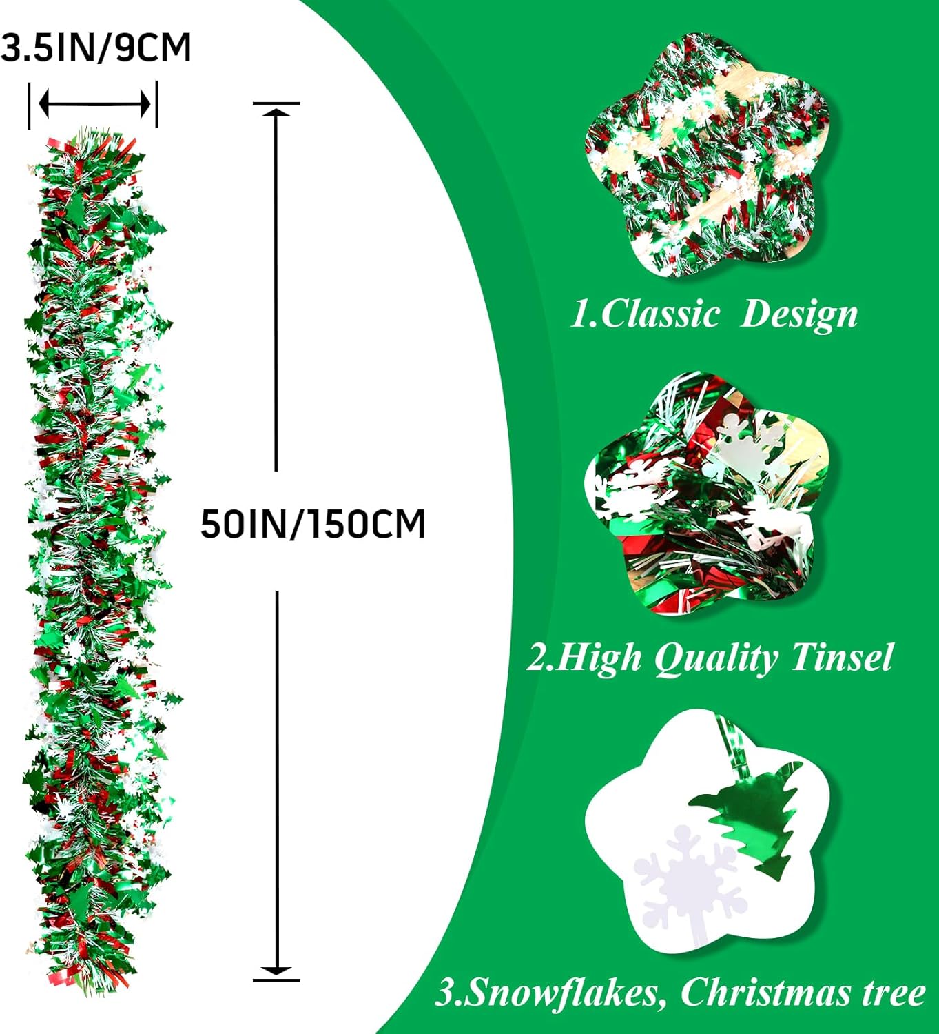 Skiennix 50Ft Tinsel Garland - Festive Christmas Tree Decorations with Snowflakes | Red, Green & White