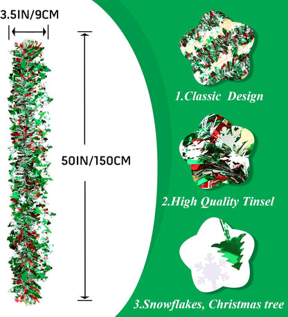 Skiennix 50Ft Tinsel Garland - Festive Christmas Tree Decorations with Snowflakes | Red, Green & White