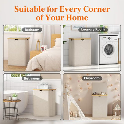 Lifewit 160L Double Laundry Hamper with Lid, Extra Large Bamboo Laundry Basket Dirty Clothes Hamper, 2 Section Laundry Bin Organizer for Laundry Room Bedroom with 2 Removable Liners & Bags, Beige